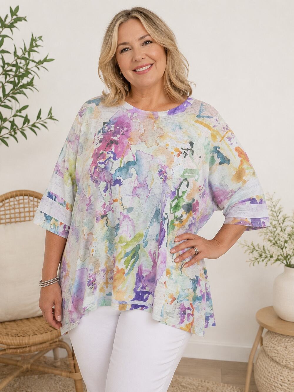 Jess & Jane SZ 1X Colorsplash Top – Watercolor Print Soft Knit Tunic